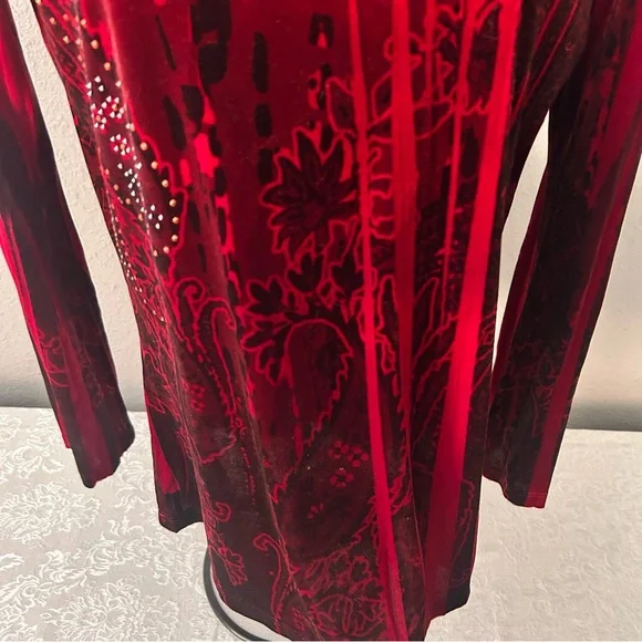 Carole Little Vibrant Red Patterned Vintage Holiday Y2K Velvet Beaded Blouse Top - Picture 4 of 7